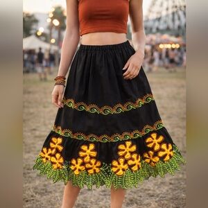 Vibrant Floral Embroidered Black Midi Skirt